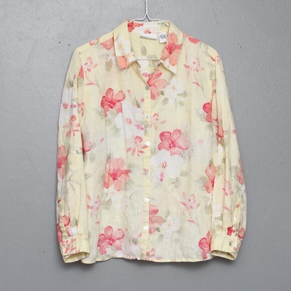 Parisian Works 100% linen floral butter yellow button up long sleeve top - Picture 1 of 5